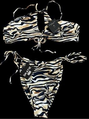 SKATIE Marble Zebra Bikini Set XL Ring Halter Side Tie High Cut NWT
